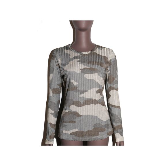 DKNY Y2K Camo Print Ribbed Long Sleeve Lightweight Top Womens Small - Picture 1 of 3